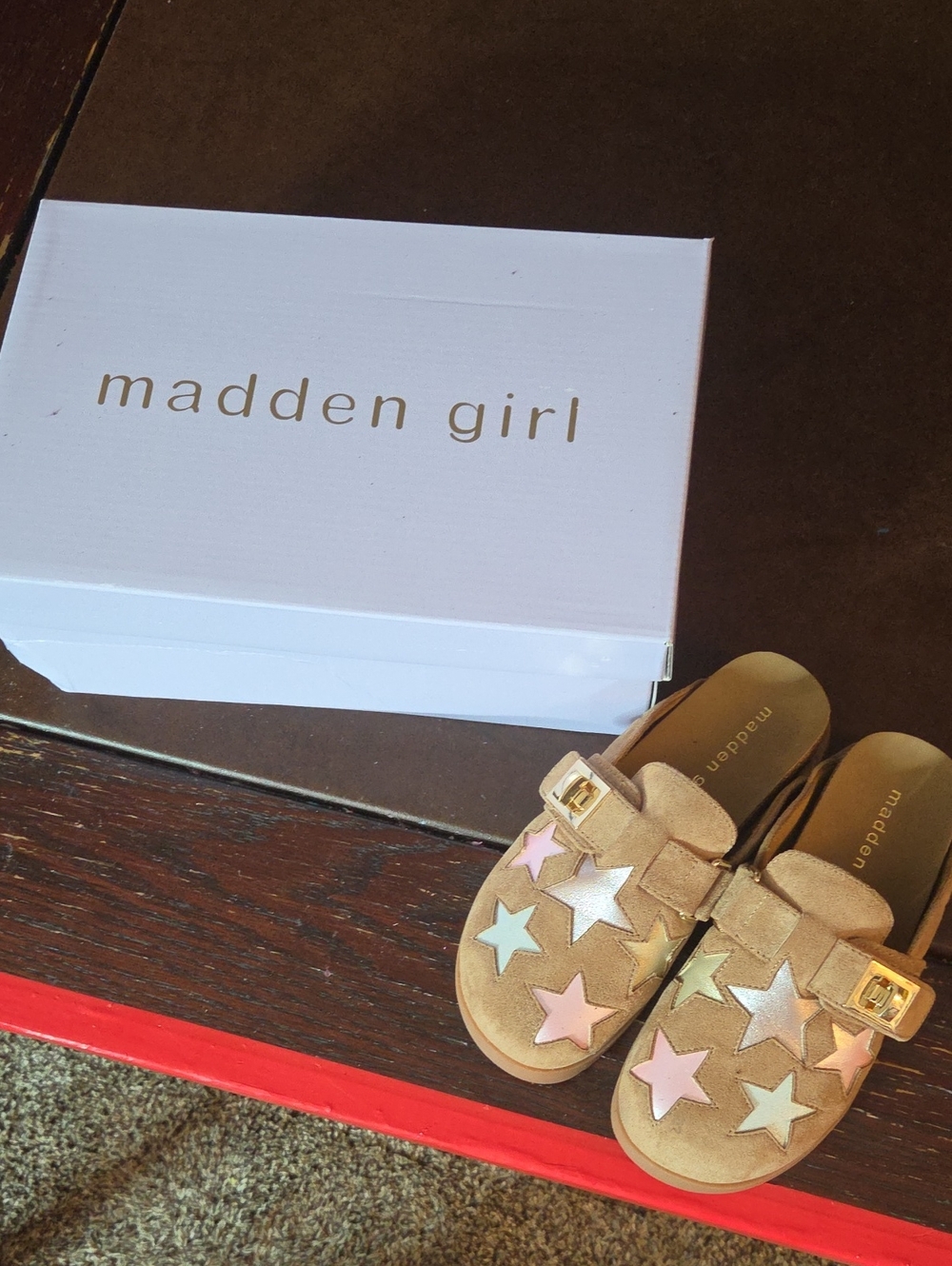 Madden Girl Tan Slide Sandals with Pastel Star Accents
